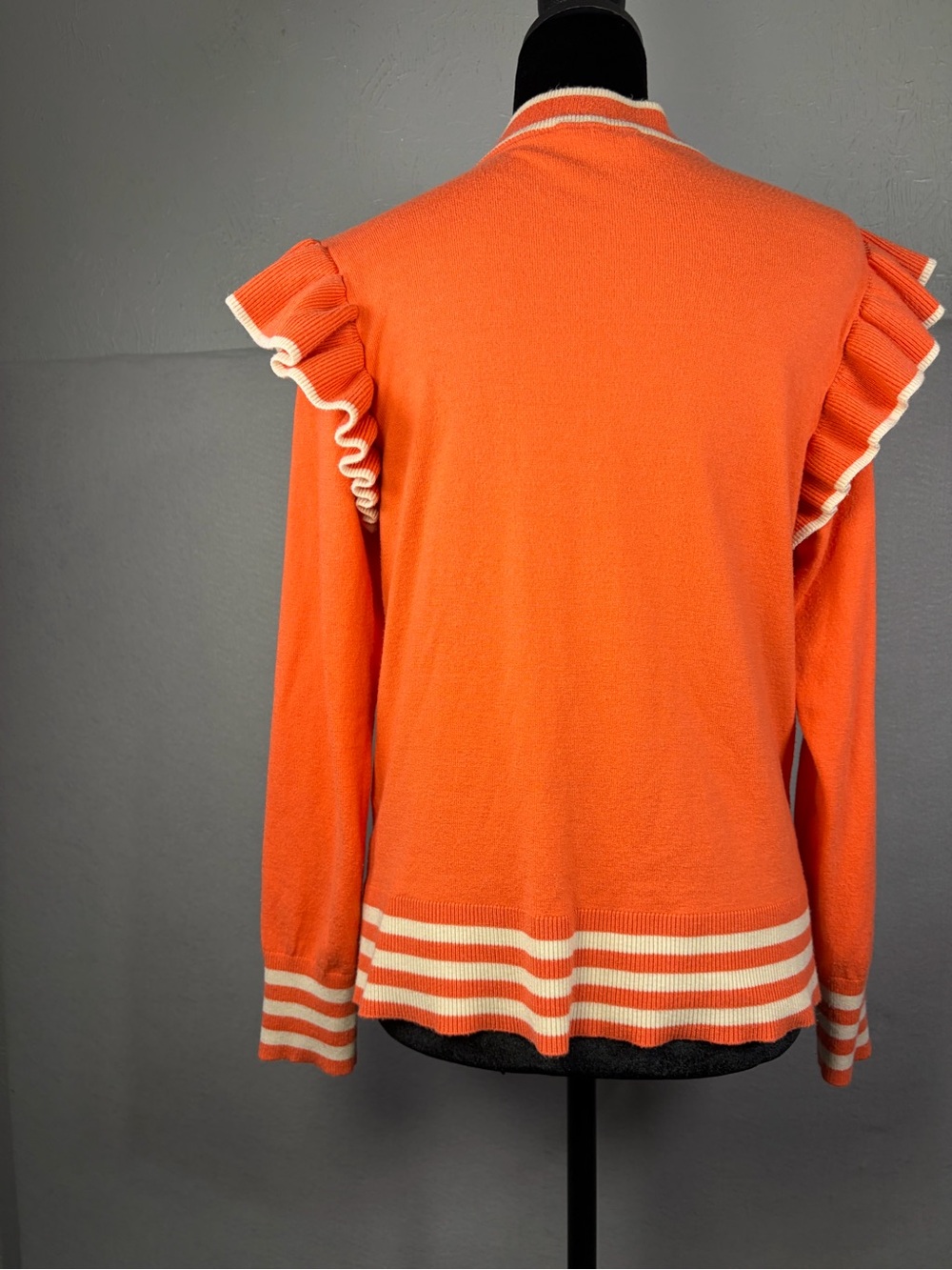 THML Bright Orange Ruffle Sleeve Knit Sweater with Cream Trim - Picture 2 of 4
